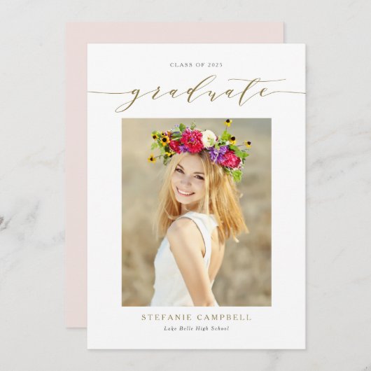 Gold Whimsical Script Photo Afstuderen Aankondiging (Voorkant / Achterkant)