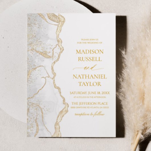 Gold White Agate Elegant Wedding Kaart