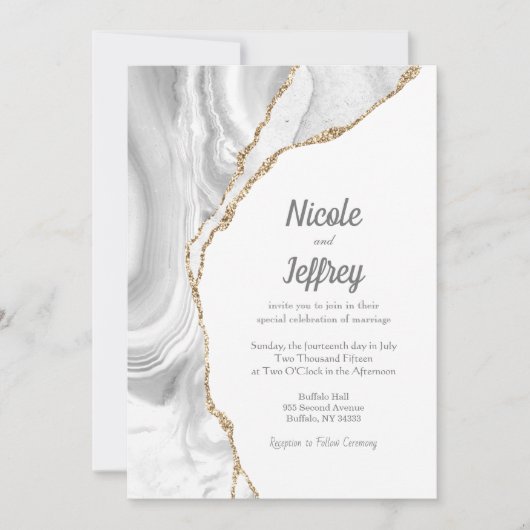 Gold & White Agate Élégante invitation de mariage (Devant)