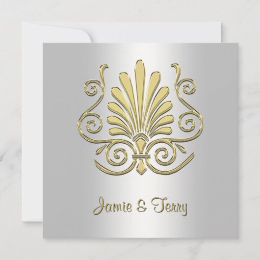 Gold White Art Deco Damask Wedding Invite 2 Kaart (Voorkant)