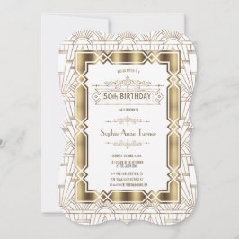 Gold White Art Deco Gatsby 20s 50th Birthday Party Kaart