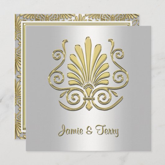 Gold White Art Deco Mariage damassé Invitation 2 (Devant / Derrière)