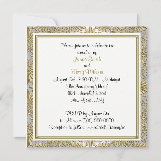 Gold White Art Deco Mariage damassé Invitation 2 (Dos)