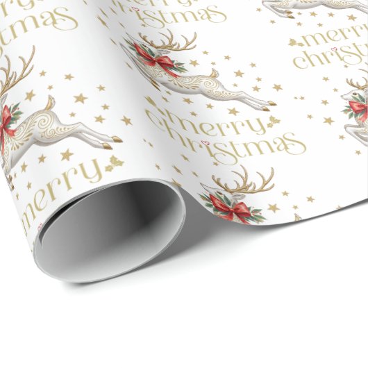 Gold White Christmas Reindeer Cadeaupapier (Rol Hoek)