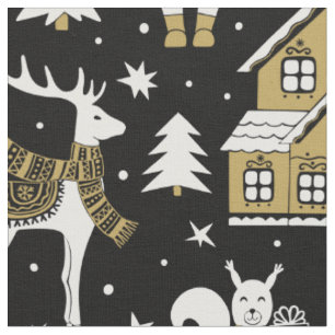 Gold White Deer Beer House Fairisle Black Patroon Stof