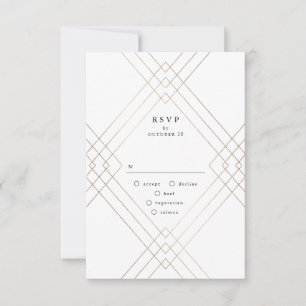 Gold White Elegance Diamond Geo Deco Wedding RSVP Kaartje