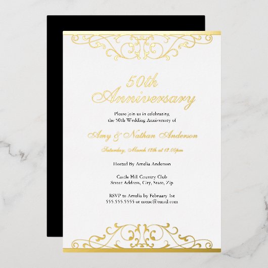 Gold White Elegant Swirl 50th Wedding Anniversary Folie Uitnodiging (Voorkant / Achterkant)