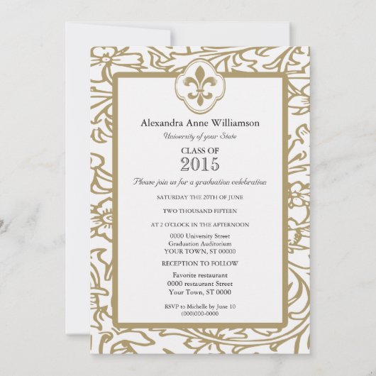 Gold White Fleur de Lis Floral Formal Afstuderen Kaart (Voorkant)