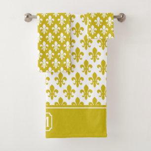 Gold White Fleur De Lis Pattern Monogram Bad Handdoek