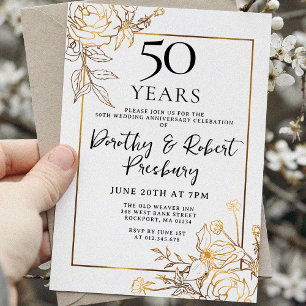 Gold White Floral 50th Jubileum Invitation Kaart