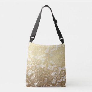 Gold & White Floral Faux Lace Crossbody Tas