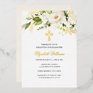 Gold White Floral Girl Baptism Foil Invitation