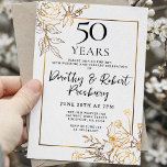 Gold White Floral Invitation du 50e anniversaire<br><div class="desc">Des roses et des feuilles élégants de la ligne d'or entourent votre 50e anniversaire de mariage.</div>