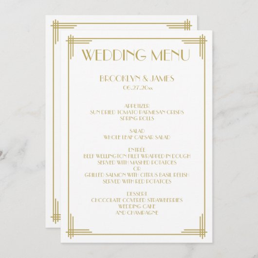 Gold White Great Gatsby Art Deco Menu Mariage (Devant / Derrière)