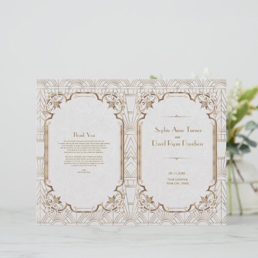 Gold White Great Gatsby Art Deco Wedding Program (Staand voorkant)