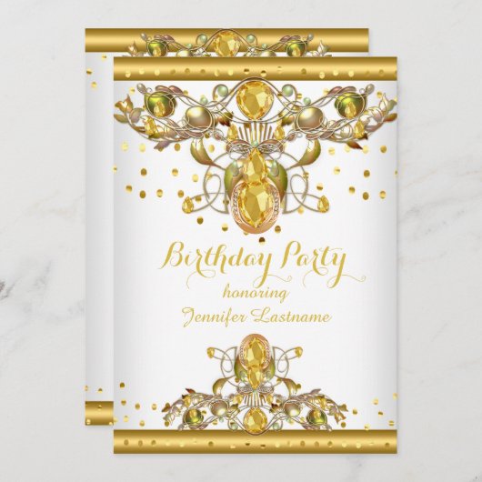 Gold White Jeweled Birthday Party Invitation 2 Kaart (Voorkant / Achterkant)