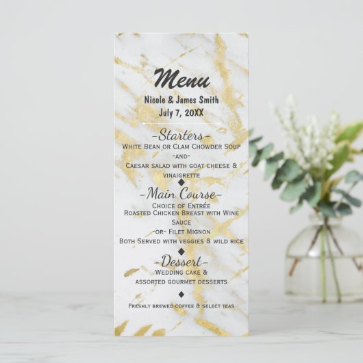 Gold & White Marble Glam Elegant Designer Menu (Staand voorkant)