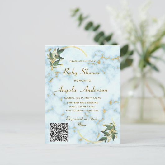 Gold White Marble QR Code Baby shower Uitnodiging (Staand voorkant)