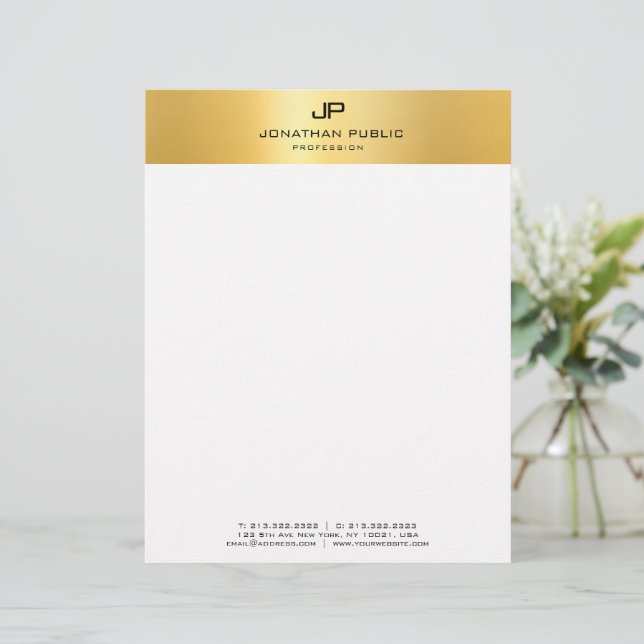 Gold White Modern Monogram Eenvoudige Sjabloon Briefhoofd (Staand voorkant)