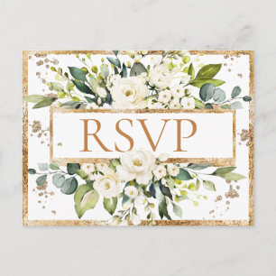 Gold White Monogram Floral Wedding RSVP Briefkaart