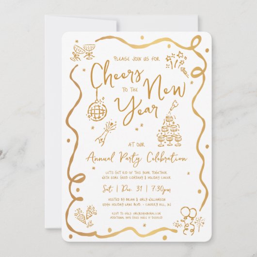 Gold White New Year Cheer Hand Drawn Sketch Party Kaart (Voorkant)