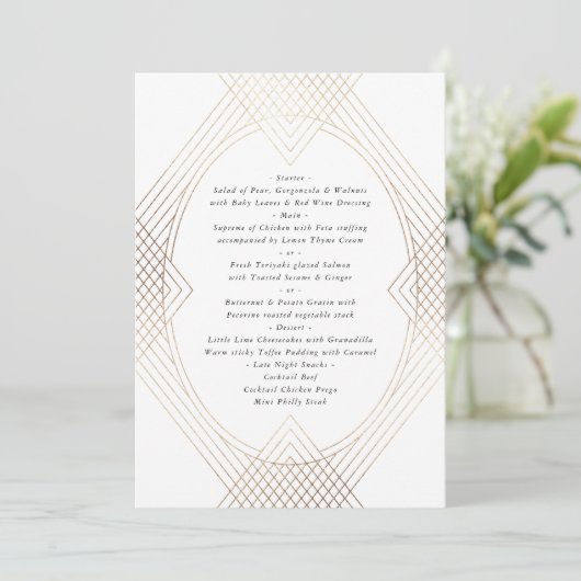 Gold White Oval Geometric Art Deco Gatsby Wedding Menu (Staand voorkant)