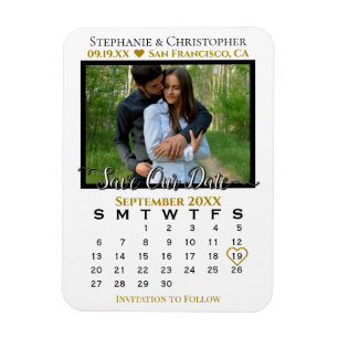 Gold & White Photo Calendar Save Our Date Wedding Magneet