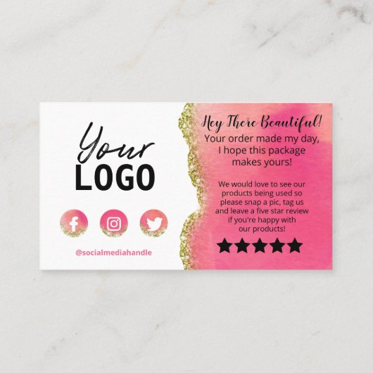 Gold White Pink Glitter Agate Bedankt voor aankoop Visitekaartje (Achterkant)