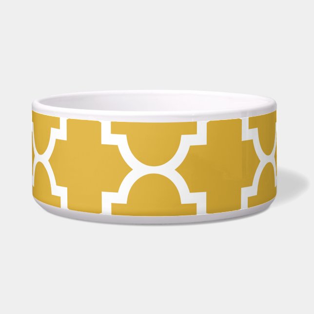 Gold White Quatrefoil Moroccan Pattern Voerbakje (Voorkant)