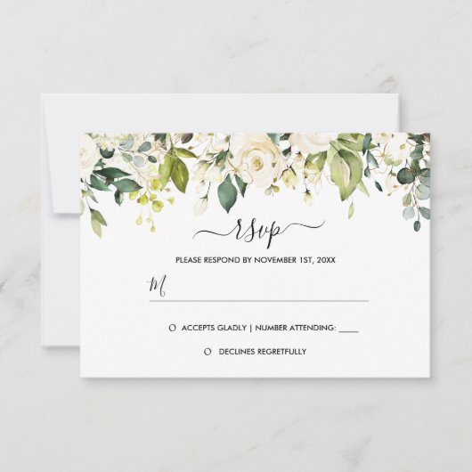 Gold White Rose Wedding RSVP Kaartje (Voorkant)
