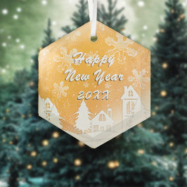 Gold White Snow House Gelukkig Nieuwjaar Glas Ornament