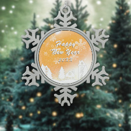 Gold White Snow House Gelukkig Nieuwjaar Tin Sneeuwvlok Ornament