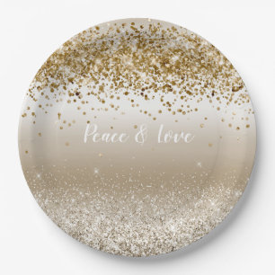 Gold White Sparkle Glitter Peace Love       Papieren Bordje