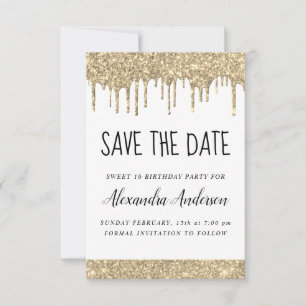 Gold White Sparkle Glitter Sweet 16 Save the Date Kaart