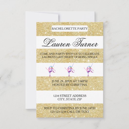 Gold & White Stripes - Invitation Bachelorette 3x5 (Devant)