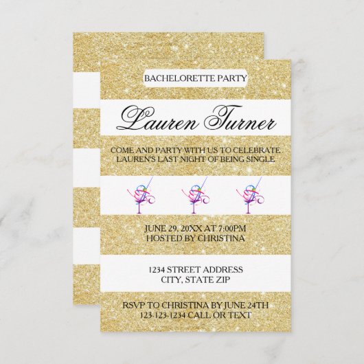 Gold & White Stripes - Invitation Bachelorette 3x5 (Devant / Derrière)