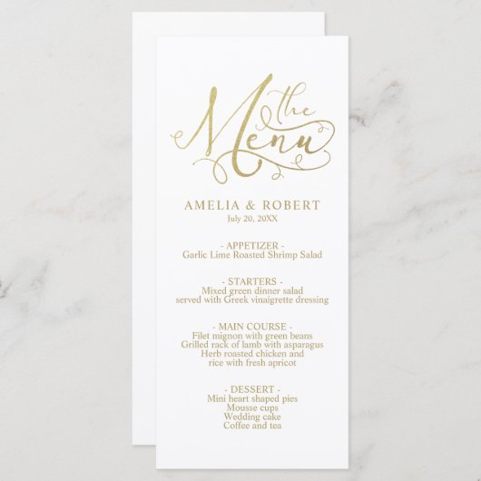 Gold White Whimsical Elegant Calligraphy Menu (Voorkant / Achterkant)