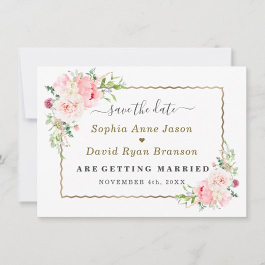 Gold Wild Pink Flowers Wedding Calligraphy  Save The Date (Voorkant)