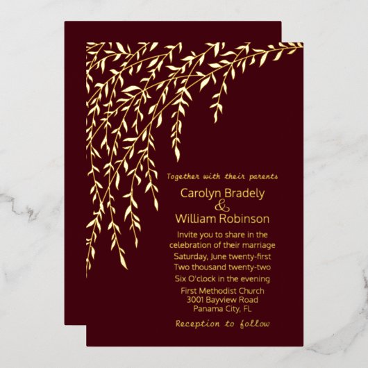 Gold Willows Bourgogne Mariage Foil Invitation (Recto/Verso)