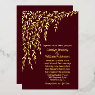Gold Willows Burgundy Wedding Folie Uitnodiging