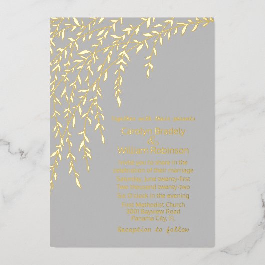 Gold Willows Gris Mariage Foil Invitation (Recto)