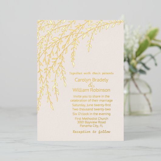 Gold Willows Ivory Mariage Foil Invitation (Debout devant)