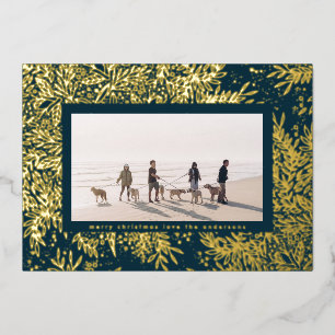 Gold Winter Blauwe KerstsneeuwFoto Lijst Folie Feestdagenkaart