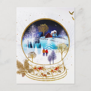 Gold Winter Eve Couple Snowglobe Forest Home Feestdagenkaart