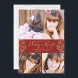 Gold Winter Flowers Carte photo de vacances<br><div class="desc">De jolis amas de fleurs grattent les côtés du ruban rouge dans ce collage de 3 photos. (FP) La carte est facile à customiser avec votre libellé, police, couleur de police, options de forme de papier et choix de six types de papier. Enveloppes blanches incluses. Vous êtes curieux de concevoir...</div>