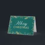 Gold Winter Greenery Carte de Noël Turquoise<br><div class="desc">Cette carte de Noël élégante est une excellente façon d'envoyer un message de voeux de vacances à la famille et aux amis. L'avant est orné de verdure dorée sur un arrière - plan turquoise foncé. Texte élégant : "Joyeux Noël". Ajoutez votre propre message personnalisé à l'intérieur ou utilisez l'exemple de...</div>