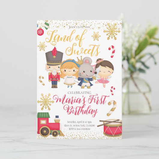 Gold Winter Nutcracker Invitation d'anniversaire (Debout devant)