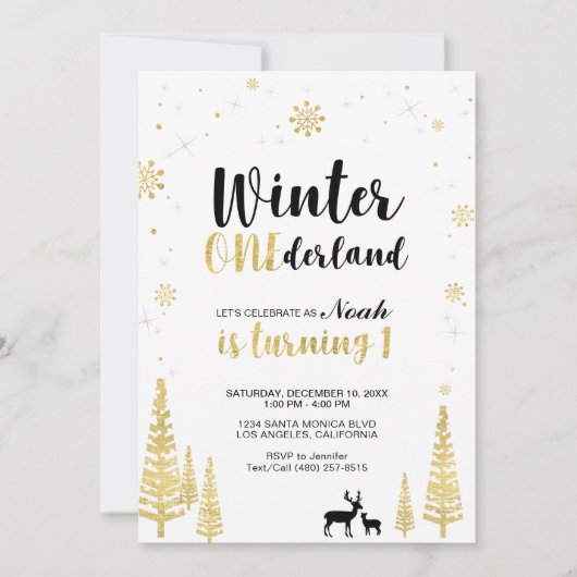 Gold Winter Onederland 1er garçon Invitation anniv (Devant)