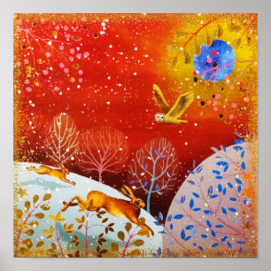 Gold Winter Woodland Rabbit Owl Waterverf Poster