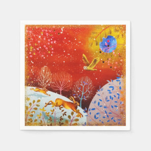 Gold Winter Woodland Rabbit Owl Waterverf Servet